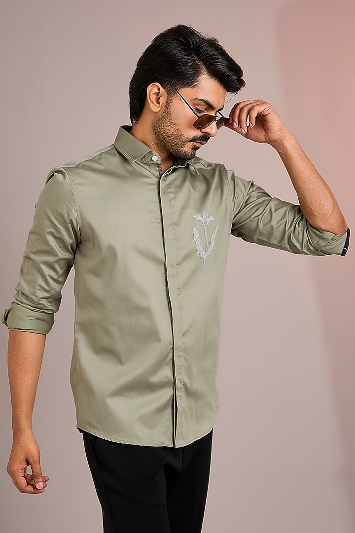 Light Green Cotton Party Wear Shirt by Abkasa at Pernia's Pop Up Shop