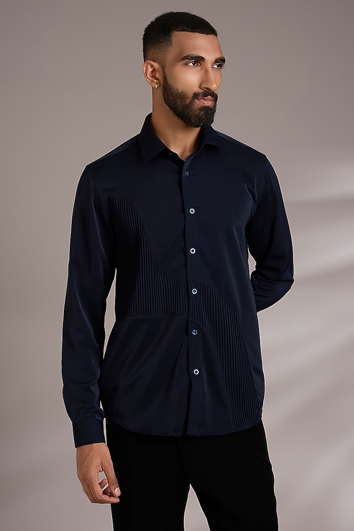 Navy Blue Cotton Party Wear Shirt by Abkasa at Pernia's Pop Up Shop