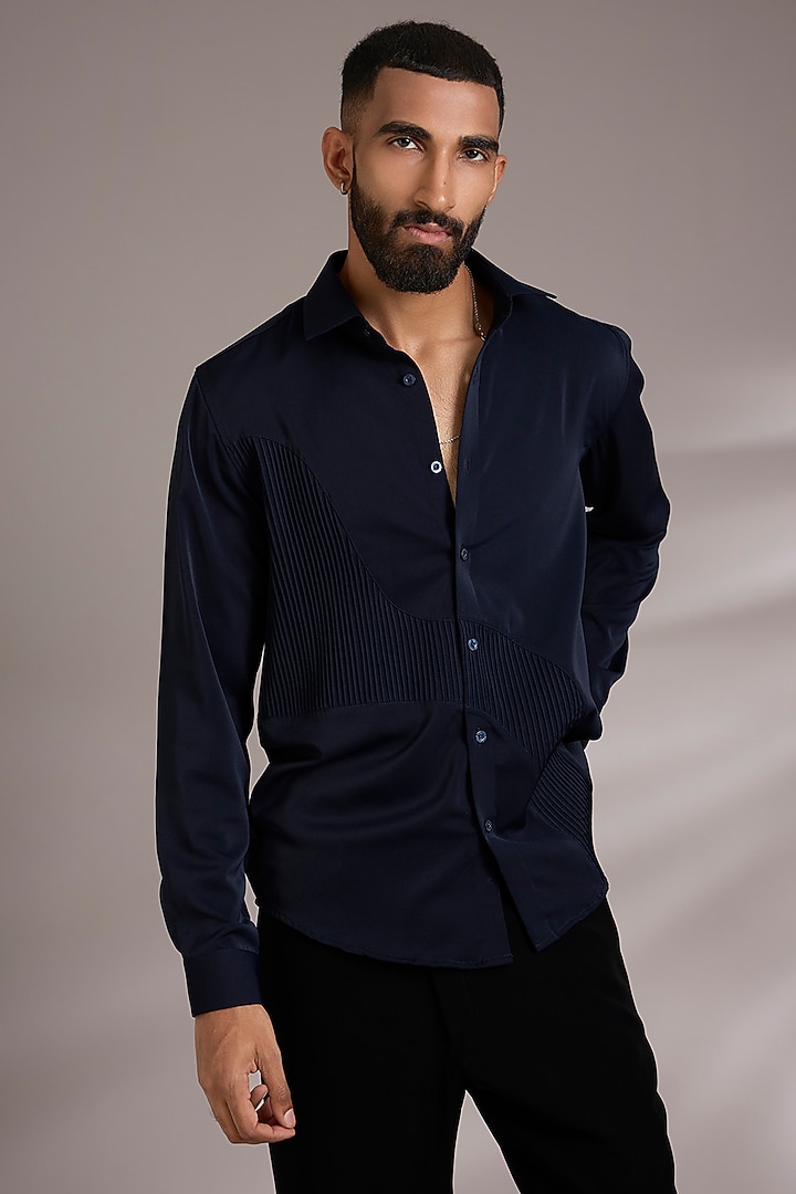 Navy Blue Cotton Party Wear Shirt by Abkasa at Pernia's Pop Up Shop
