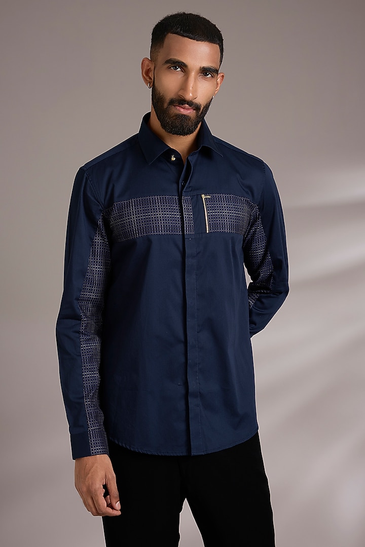 Navy Blue Cotton Party Wear Shirt by Abkasa at Pernia's Pop Up Shop
