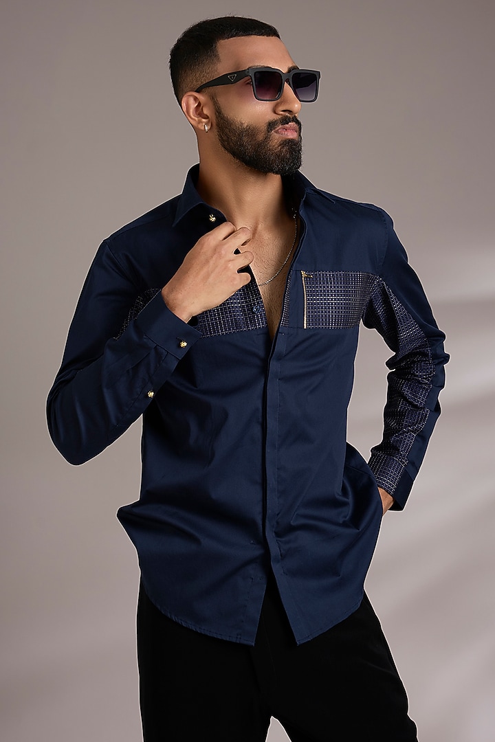 Navy Blue Cotton Party Wear Shirt by Abkasa at Pernia's Pop Up Shop