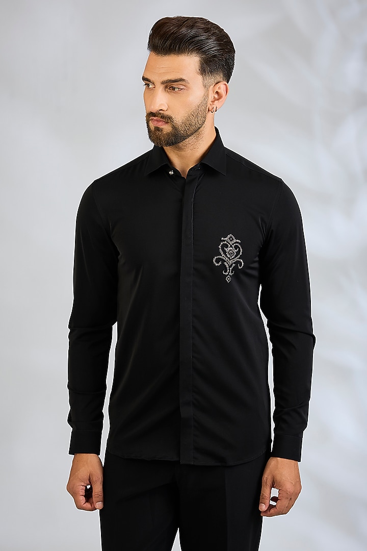 Black Cotton Party Wear Shirt by Abkasa at Pernia's Pop Up Shop