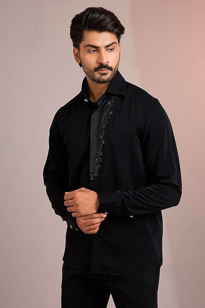 Black Cotton Party Wear Shirt by Abkasa at Pernia's Pop Up Shop