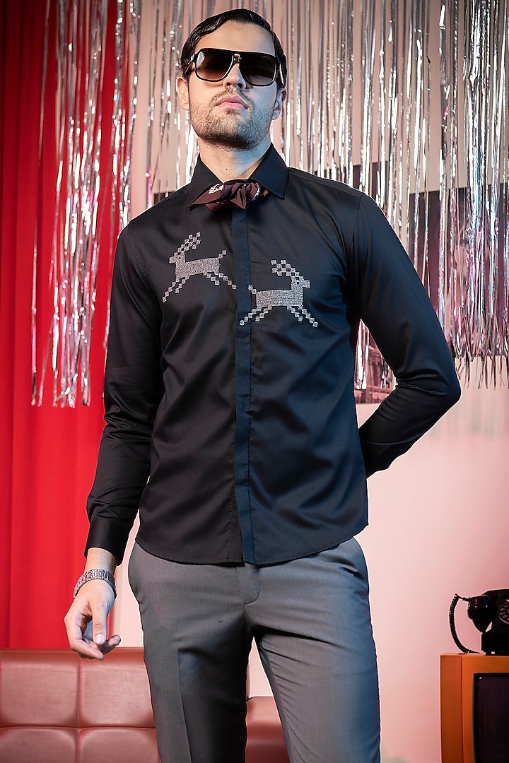 Black Cotton Embroidered Shirt by Abkasa