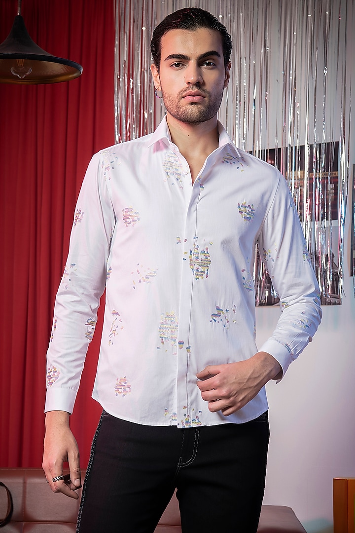 White Cotton Embroidered Shirt by Abkasa