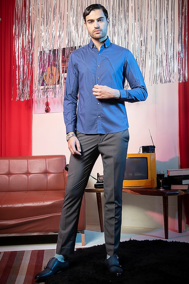 Blue Cotton Party Wear Shirt by Abkasa at Pernia's Pop Up Shop