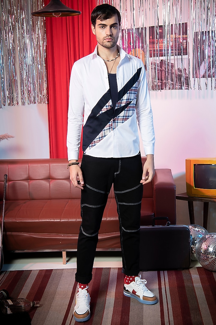 White Cotton Checkered Party Wear Shirt by Abkasa at Pernia's Pop Up Shop