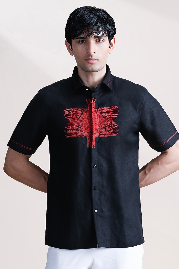 Black Linen Party Wear Shirt by Abkasa at Pernia's Pop Up Shop
