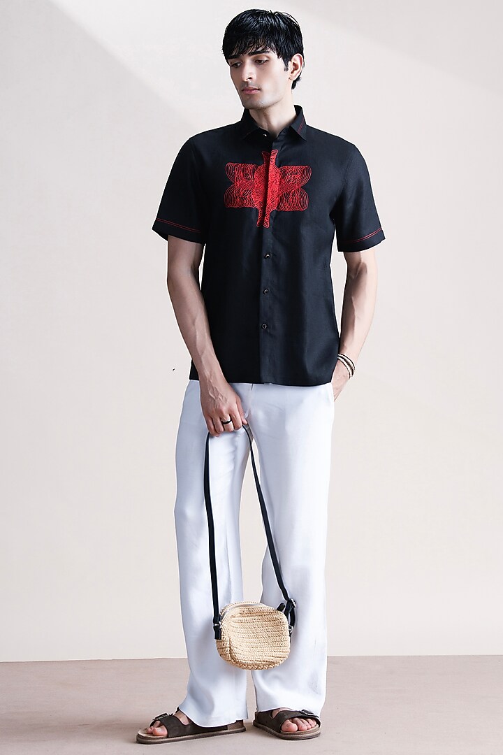 Black Linen Party Wear Shirt by Abkasa at Pernia's Pop Up Shop