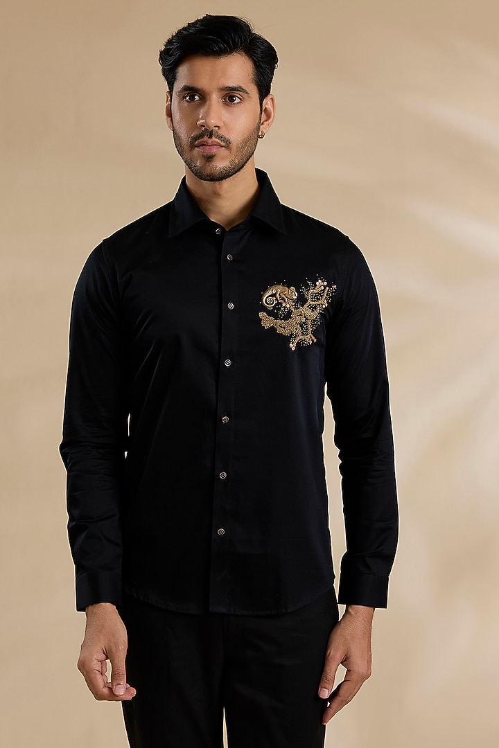 Black Cotton Party Wear Shirt by Abkasa at Pernia's Pop Up Shop