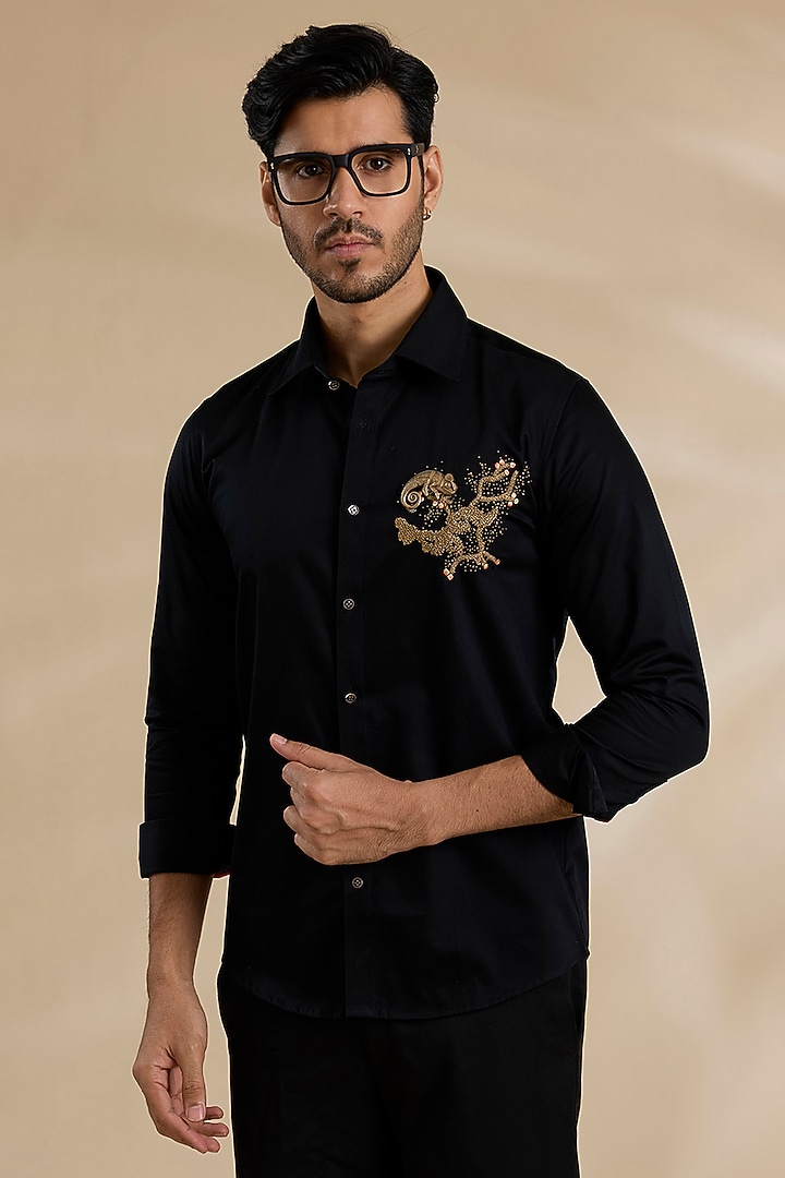 Black Cotton Party Wear Shirt by Abkasa at Pernia's Pop Up Shop