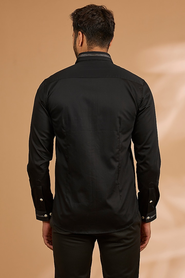 Black Cotton Satin Party Wear Shirt by Abkasa at Pernia's Pop Up Shop