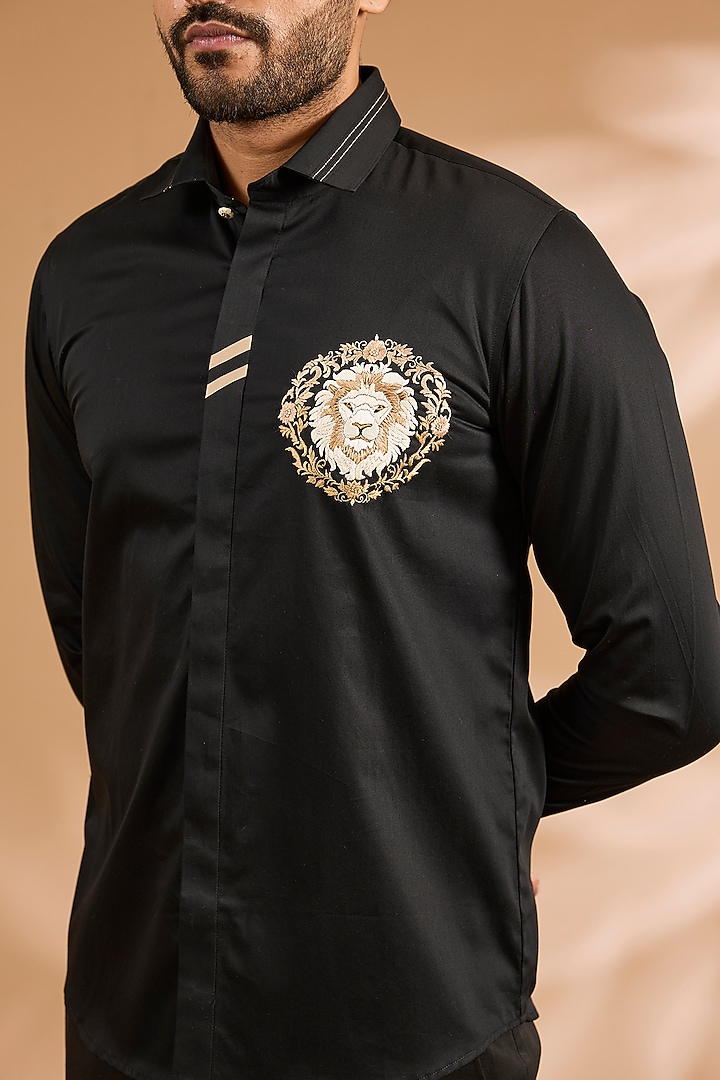 Black Cotton Satin Party Wear Shirt by Abkasa at Pernia's Pop Up Shop