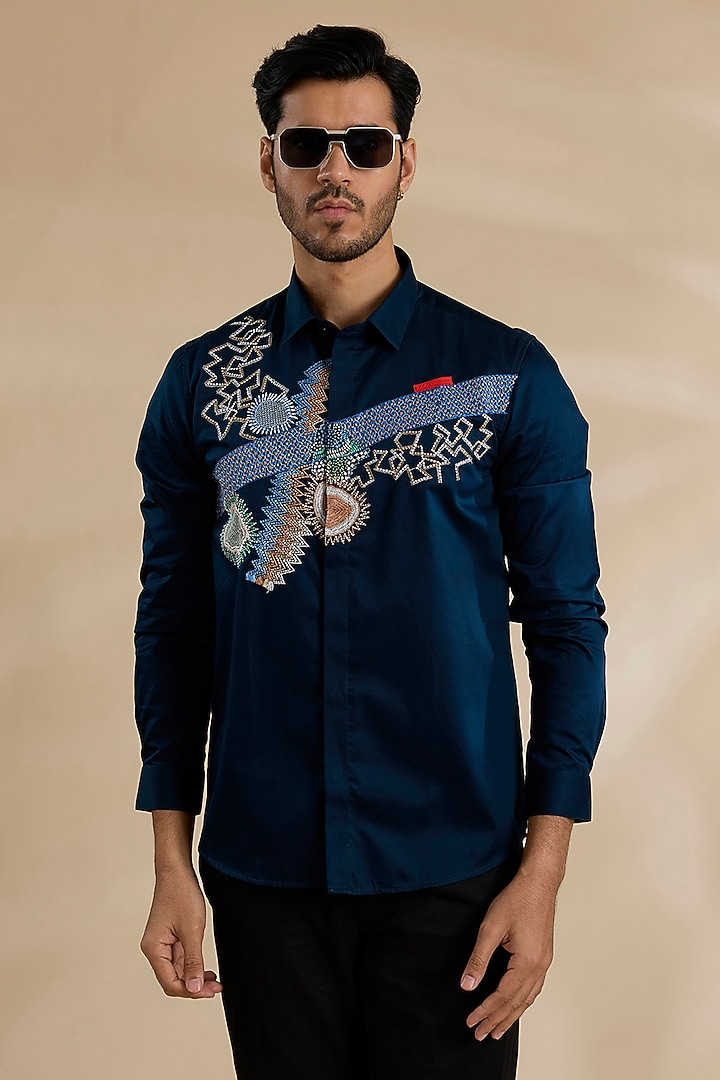Navy Blue Cotton Wedding Shirt by Abkasa at Pernia's Pop Up Shop