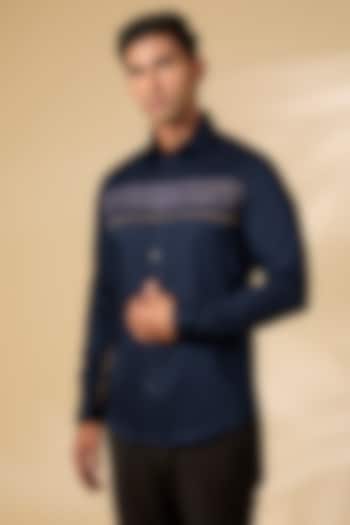 Navy Blue Cotton Satin Shirt by Abkasa