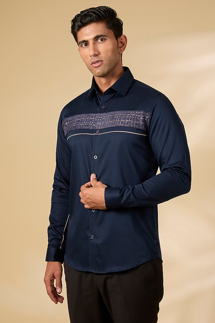 Navy Blue Cotton Satin Shirt by Abkasa