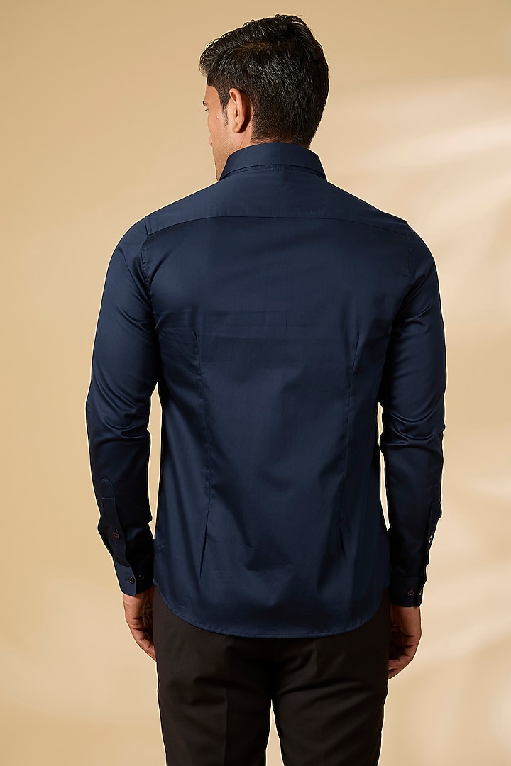 Navy Blue Cotton Satin Party Wear Shirt by Abkasa at Pernia's Pop Up Shop