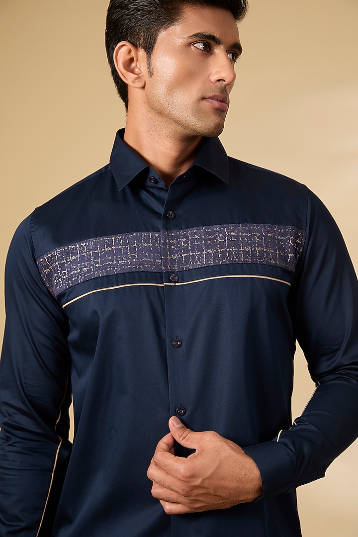 Navy Blue Cotton Satin Party Wear Shirt by Abkasa at Pernia's Pop Up Shop