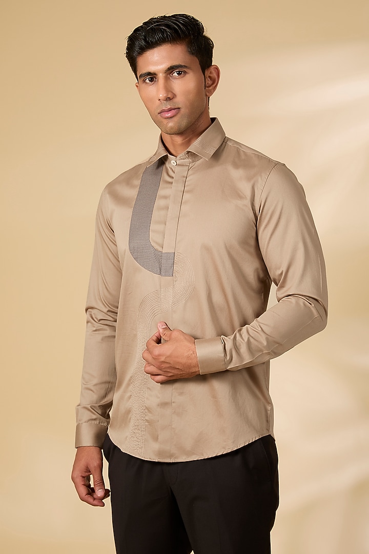 Brown Cotton Satin Shirt by Abkasa