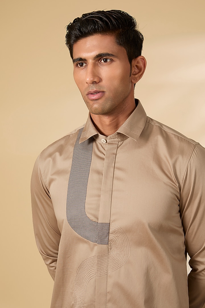 Brown Cotton Satin Party Wear Shirt by Abkasa at Pernia's Pop Up Shop