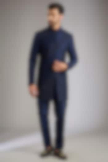 Navy Blue Silk Wedding Indowestern Set by Abkasa at Pernia's Pop Up Shop