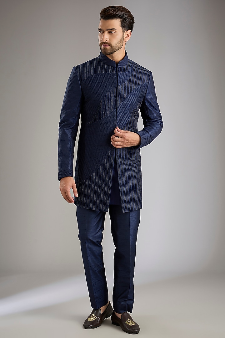 Navy Blue Silk Wedding Indowestern Set by Abkasa at Pernia's Pop Up Shop