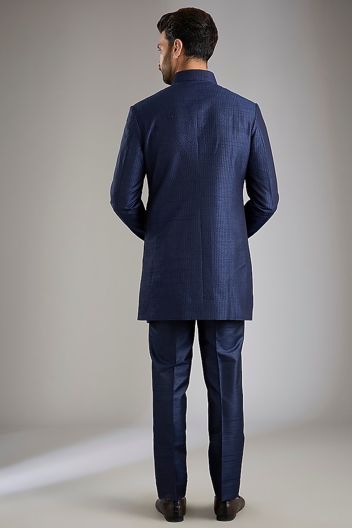 Navy Blue Silk Wedding Indowestern Set by Abkasa at Pernia's Pop Up Shop