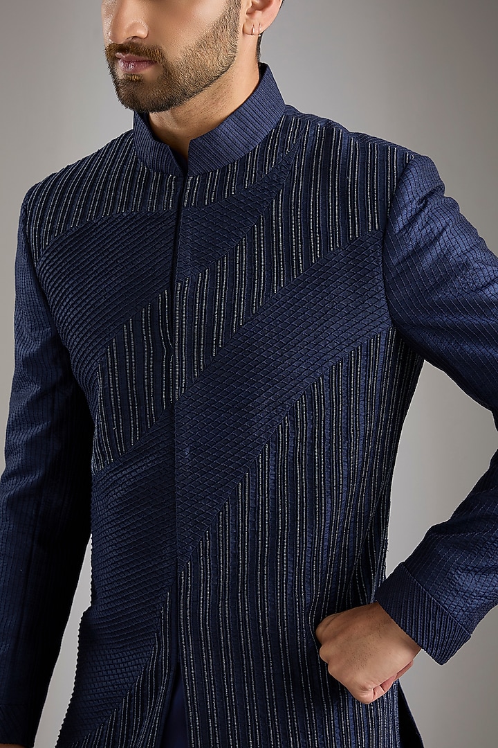 Navy Blue Silk Wedding Indowestern Set by Abkasa at Pernia's Pop Up Shop