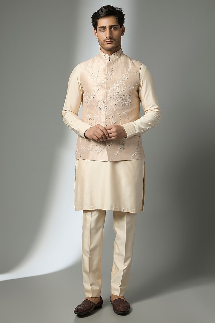 Beige Silk Bundi Jacket Set by Abkasa at Pernia's Pop Up Shop