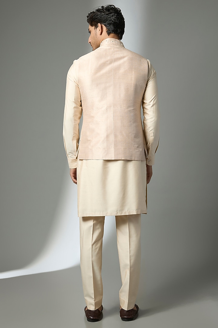 Beige Silk Bundi Jacket Set by Abkasa at Pernia's Pop Up Shop