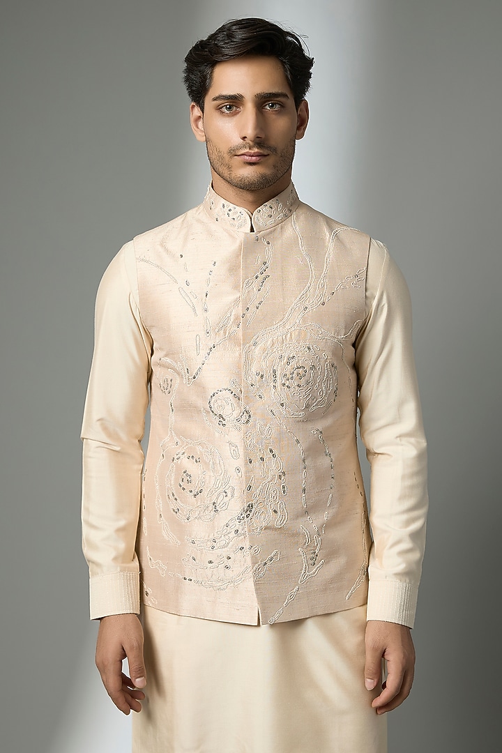 Beige Silk Bundi Jacket Set by Abkasa at Pernia's Pop Up Shop