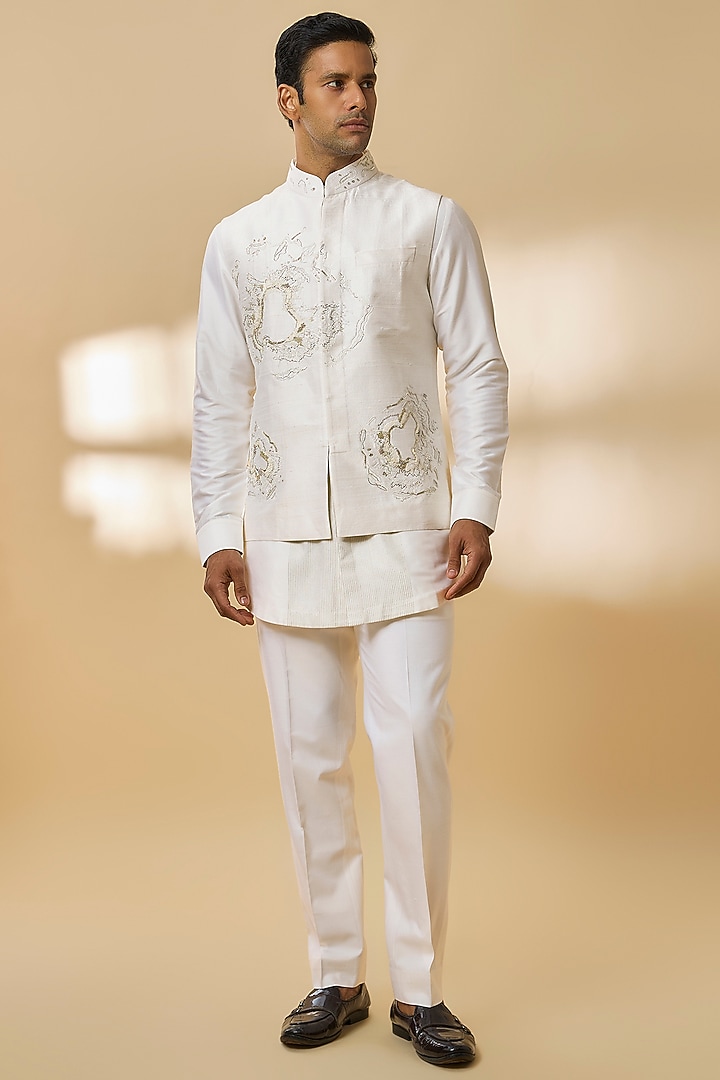 White Silk Bundi Jacket Set by Abkasa at Pernia's Pop Up Shop