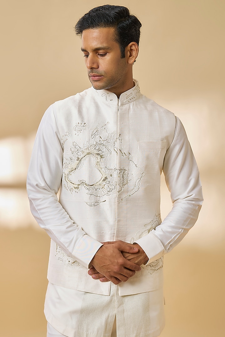White Silk Bundi Jacket Set by Abkasa at Pernia's Pop Up Shop