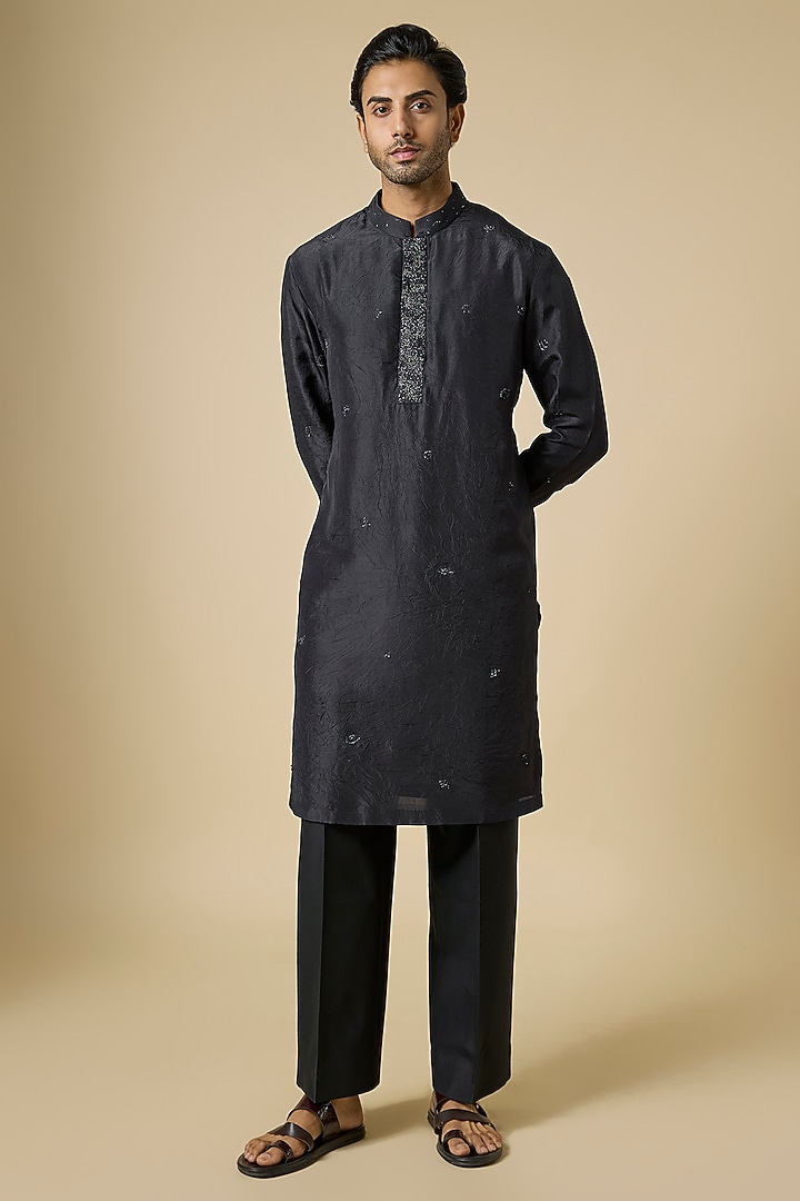 Black Silk Kurta Set by Abkasa at Pernia's Pop Up Shop