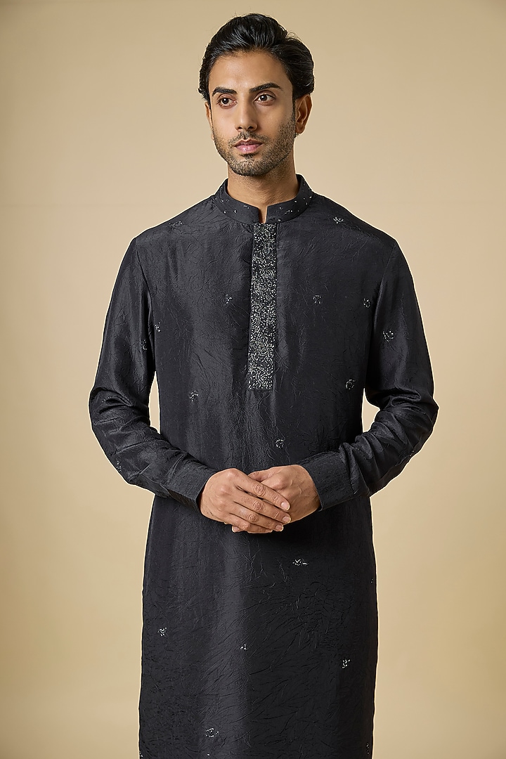 Black Silk Kurta Set by Abkasa at Pernia's Pop Up Shop