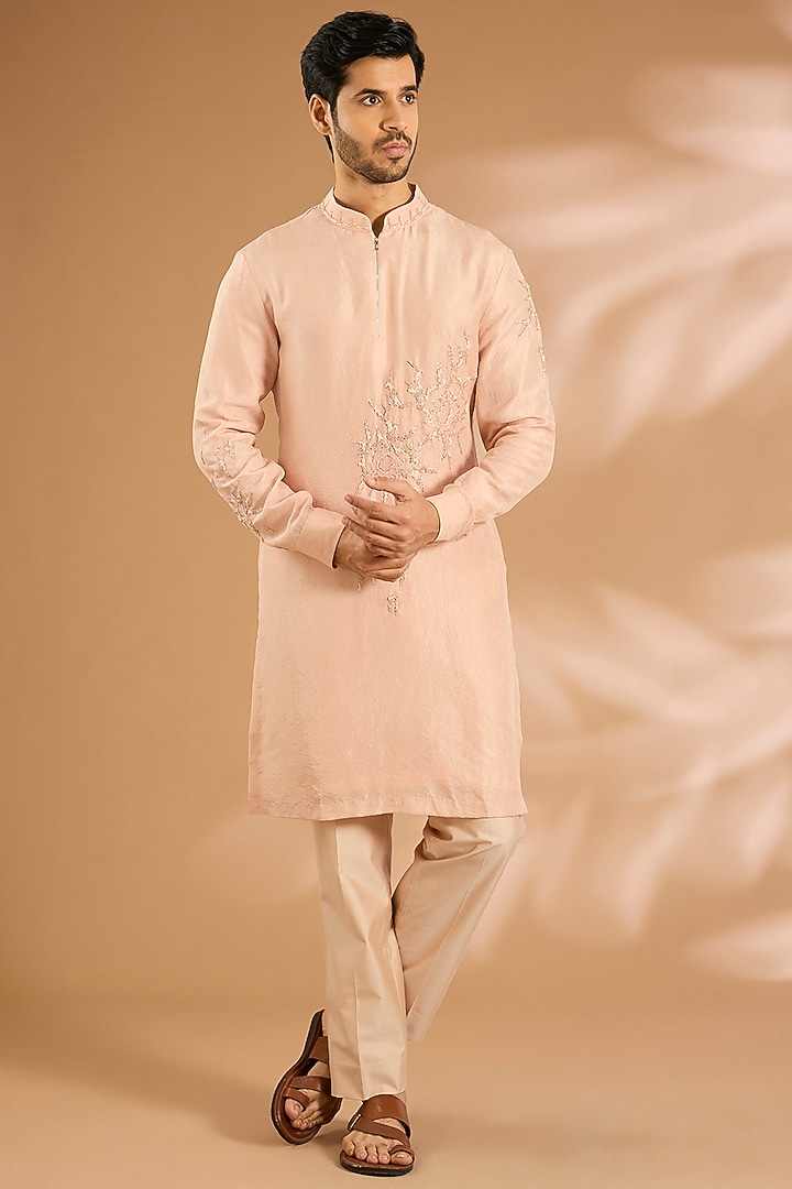 Peach Silk Kurta Set by Abkasa at Pernia's Pop Up Shop