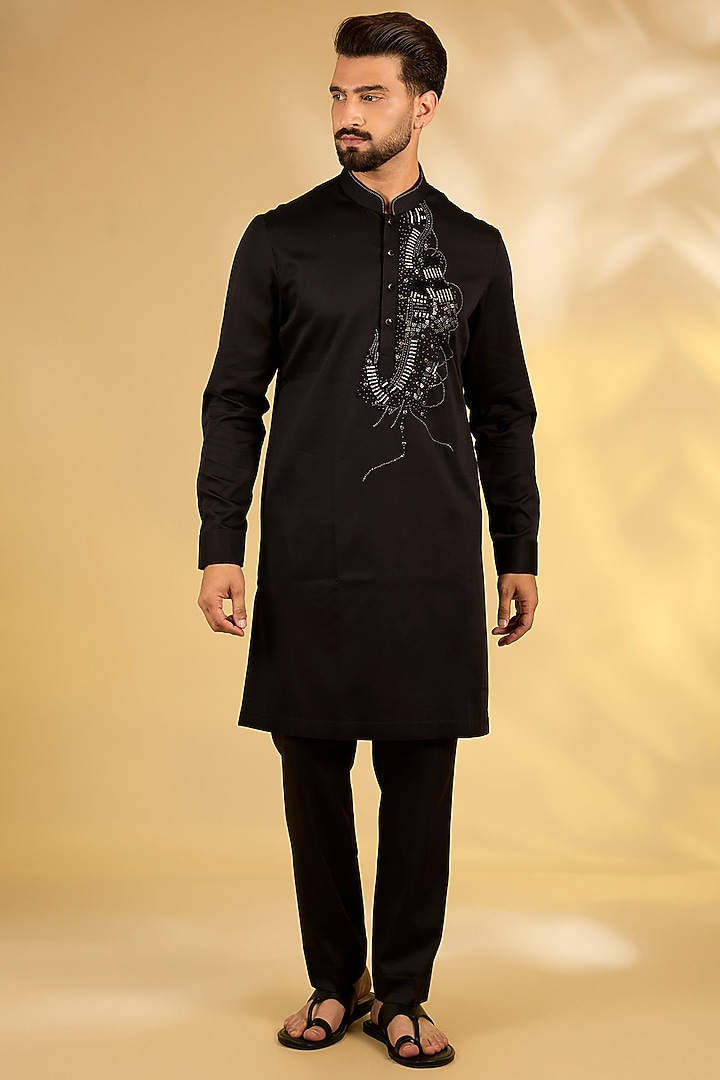 Black Cotton Silk Kurta Set by Abkasa at Pernia's Pop Up Shop