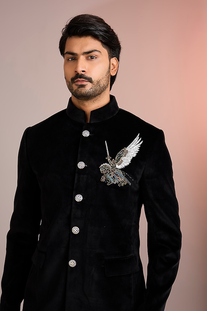 Black Velvet Wedding Bandhgala Set by Abkasa at Pernia's Pop Up Shop