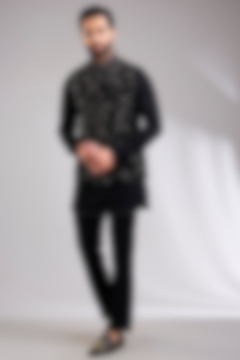 Black Silk Bundi Jacket Set by Abkasa at Pernia's Pop Up Shop