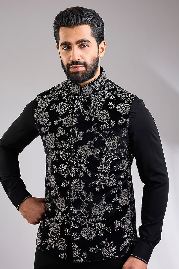 Black Silk Bundi Jacket Set by Abkasa at Pernia's Pop Up Shop