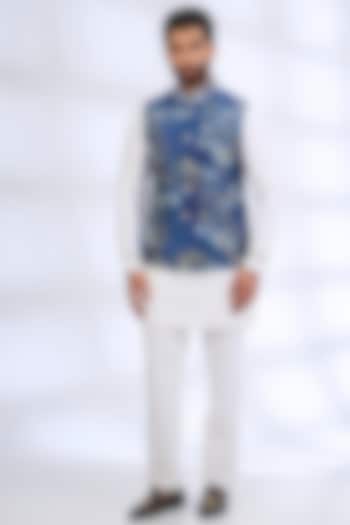 Blue-White Pure Silk Bundi Jacket Set by Abkasa at Pernia's Pop Up Shop