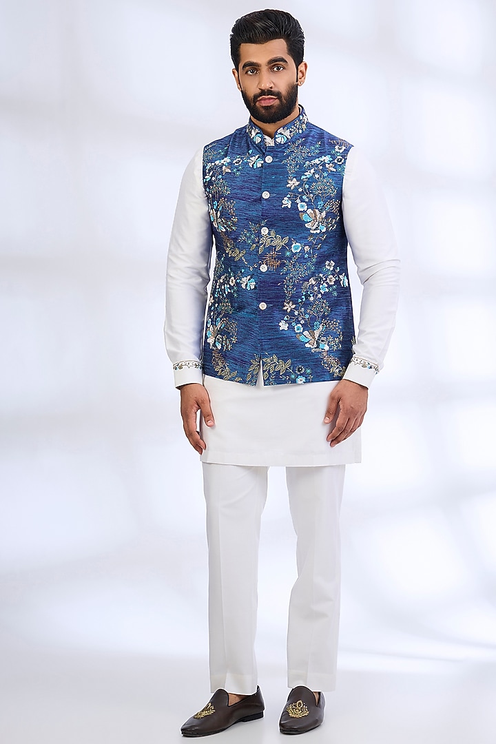 Blue-White Pure Silk Bundi Jacket Set by Abkasa at Pernia's Pop Up Shop
