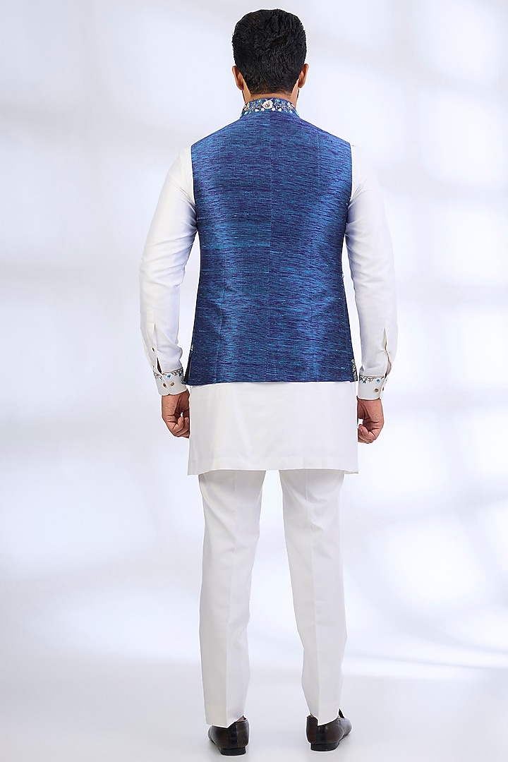 Blue-White Pure Silk Bundi Jacket Set by Abkasa at Pernia's Pop Up Shop