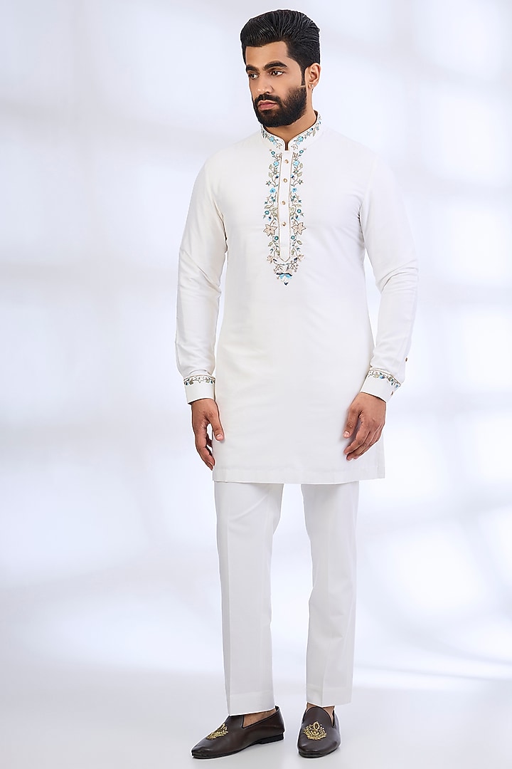 Blue-White Pure Silk Bundi Jacket Set by Abkasa at Pernia's Pop Up Shop