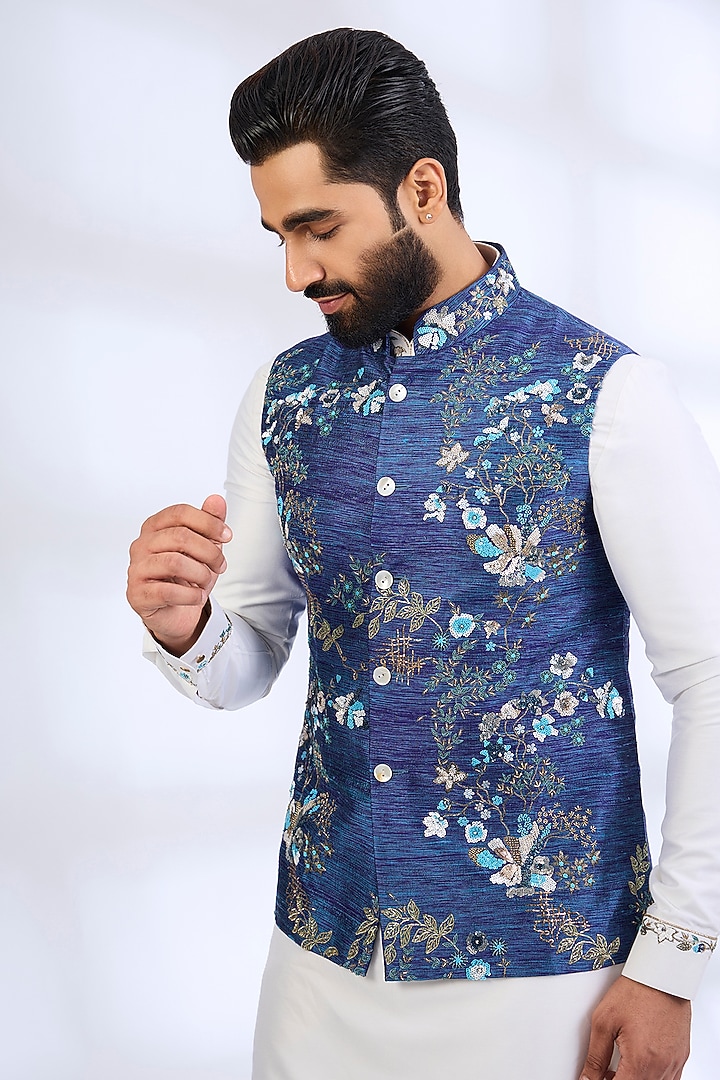 Blue-White Pure Silk Bundi Jacket Set by Abkasa at Pernia's Pop Up Shop