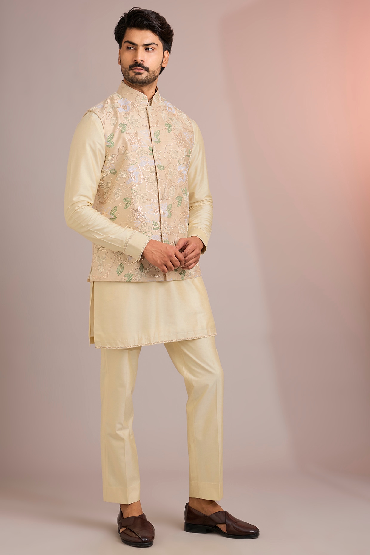 Abkasa Beige Silk Bundi Jacket Set