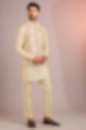 Beige Silk Bundi Jacket Set by Abkasa at Pernia's Pop Up Shop