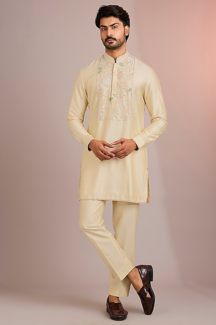 Beige Silk Bundi Jacket Set by Abkasa at Pernia's Pop Up Shop