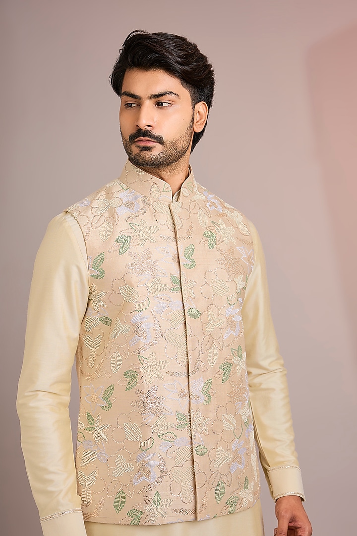 Beige Silk Bundi Jacket Set by Abkasa at Pernia's Pop Up Shop