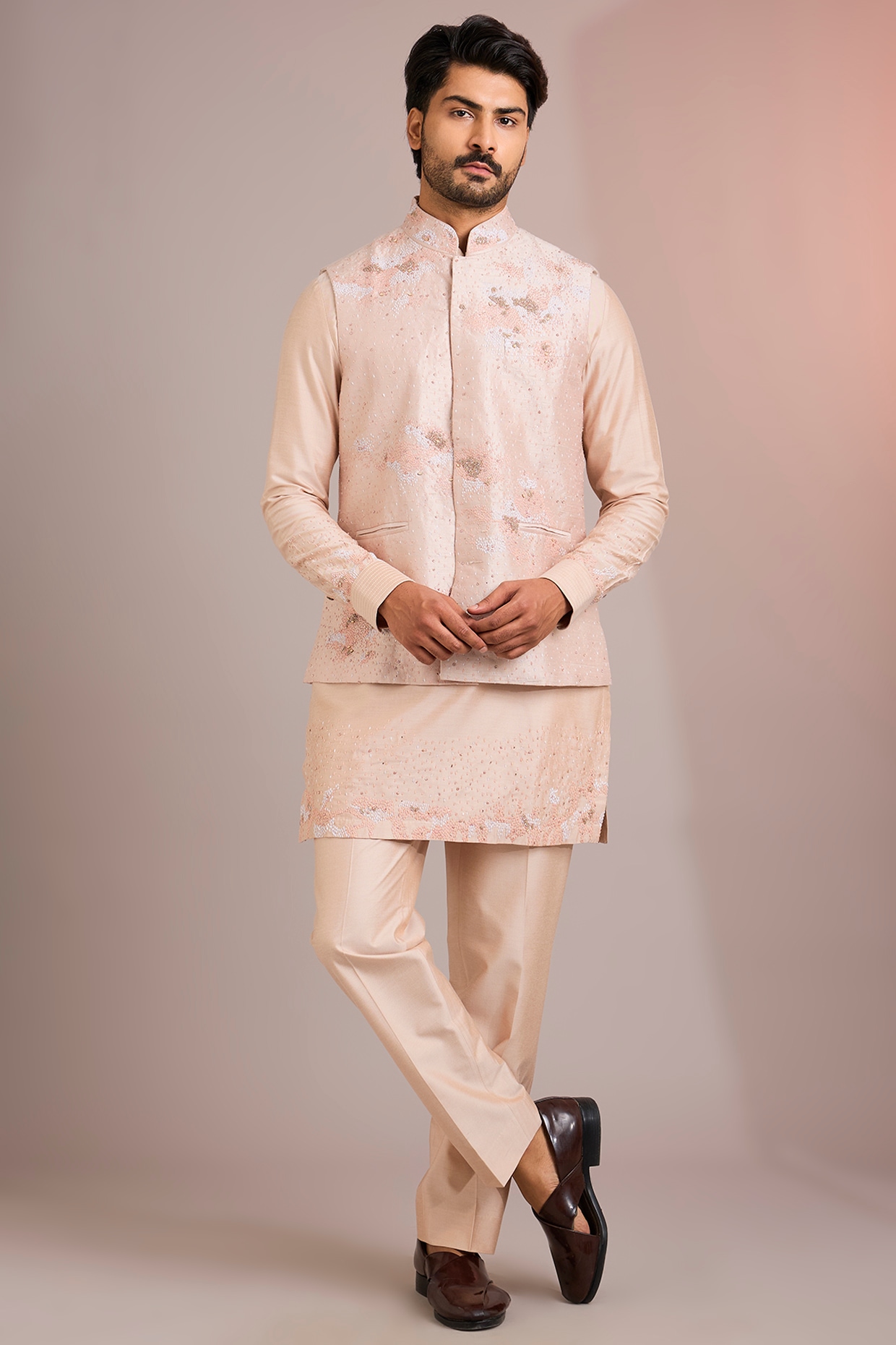 Abkasa Peach Silk Bundi Jacket Set